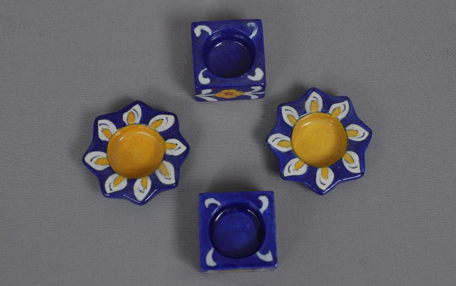 Square + 8 Petals Blue Pottery Diyas - Set of 4 - Diyas - indic inspirations