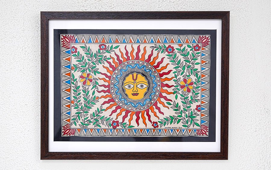 Surya Bhagwan | Madhubani Painting | A3 Frame - paintings - indic inspirations