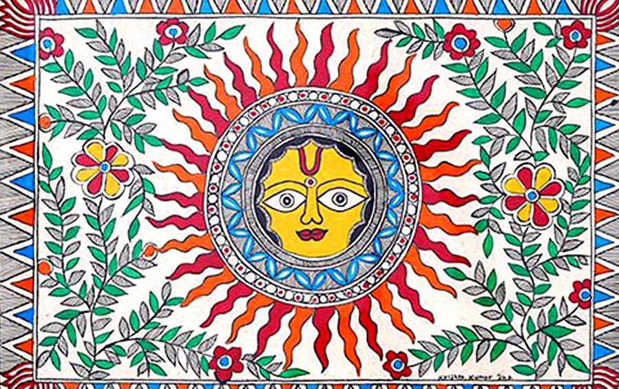 Surya Bhagwan | Madhubani Painting | A3 Frame - paintings - indic inspirations