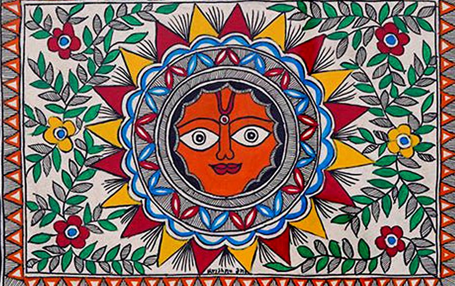 Surya Bhagwan | Madhubani Painting | A4 Frame - paintings - indic inspirations