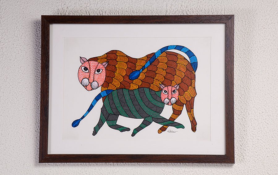 Tiger | Gond Painting | A4 Frame - paintings - indic inspirations