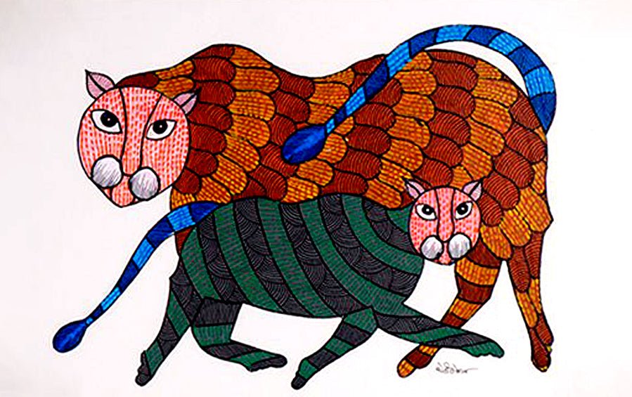 Tiger | Gond Painting | A4 Frame - paintings - indic inspirations
