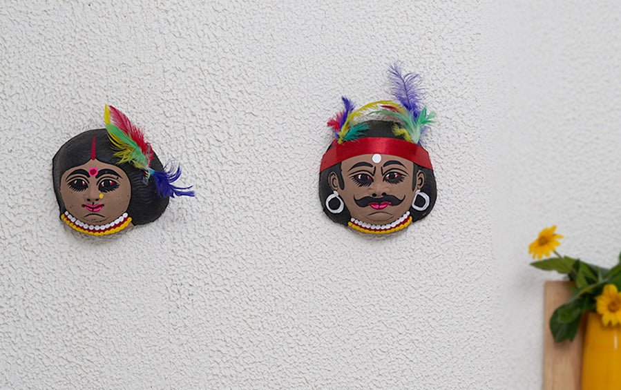 Tribal Couple Chhau Mask Large - Masks - indic inspirations