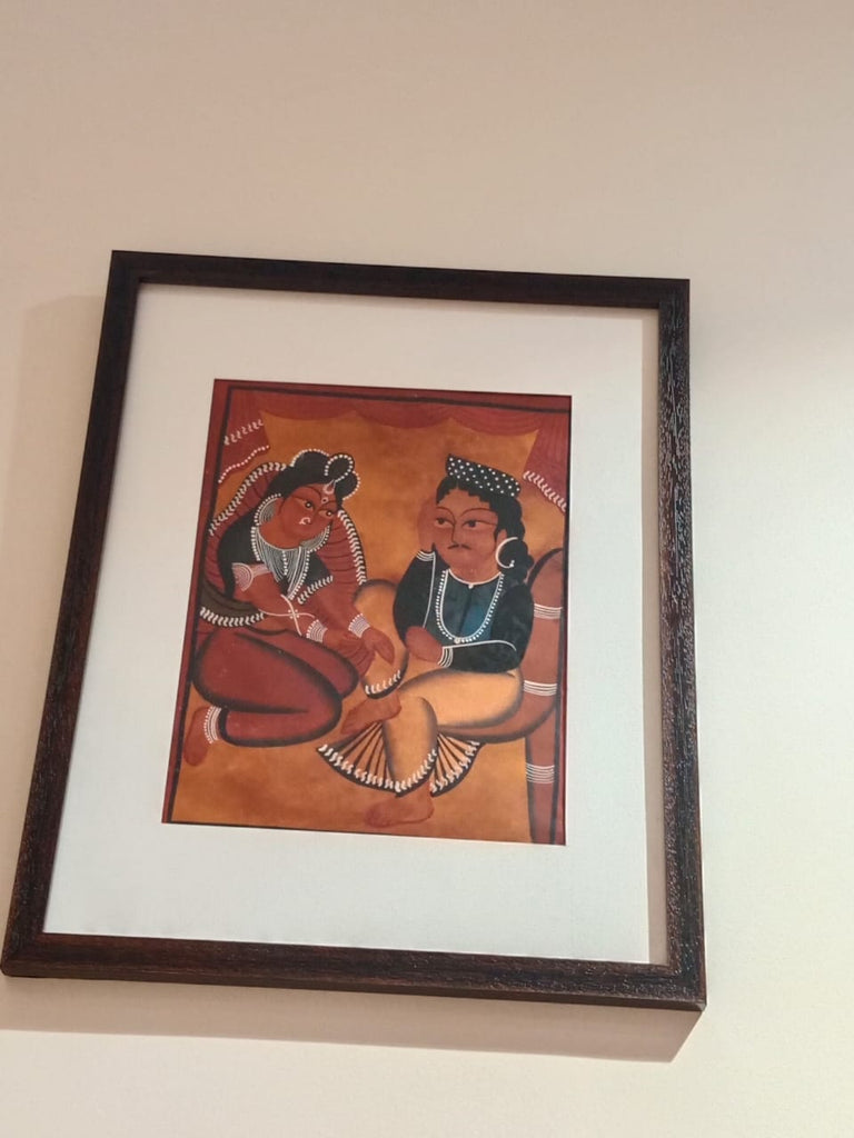 Wife Massaging Husband's Feet | Kalighat Patachitra Painting | A3 Frame - paintings - indic inspirations