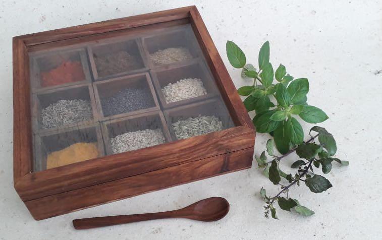 Wooden 9 Chambers Spice Box - Boxes - indic inspirations