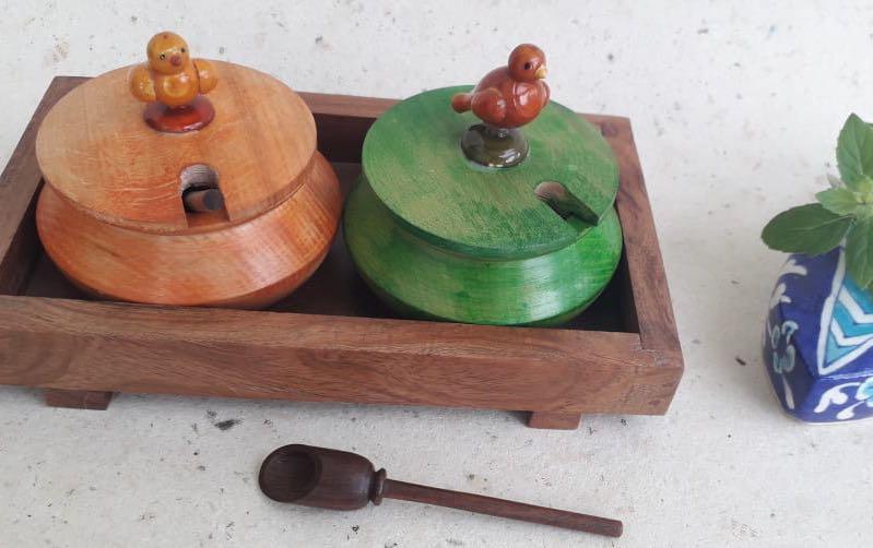 Wooden Parrot Jar Set - servers - indic inspirations