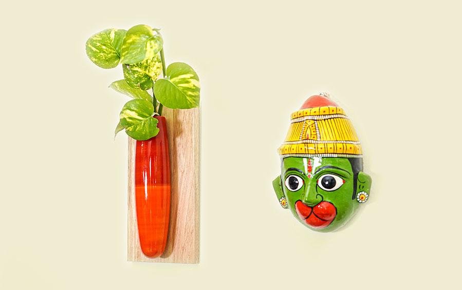 Wooden Wall Hanging Planter - Orange & Red - wall planter - indic inspirations