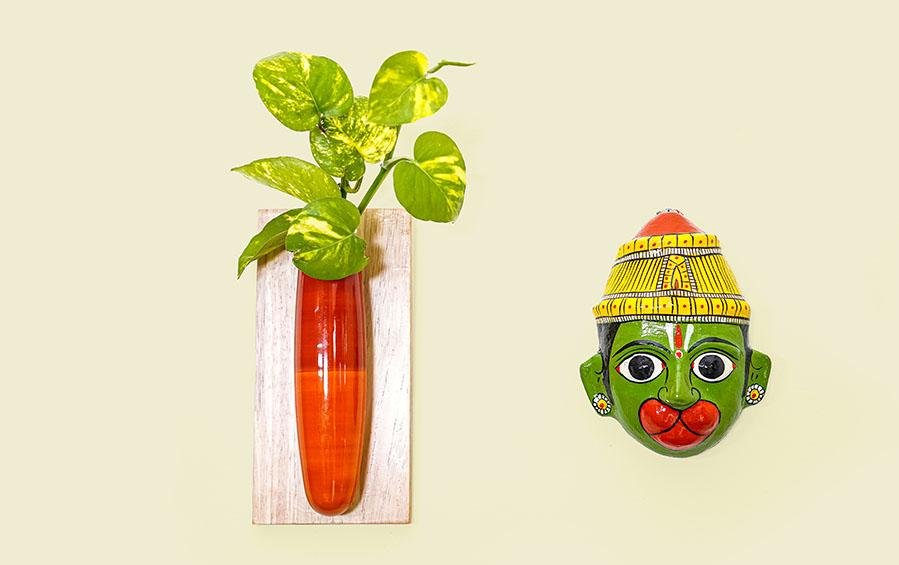 Wooden Wall Hanging Planter - Orange & Red - wall planter - indic inspirations