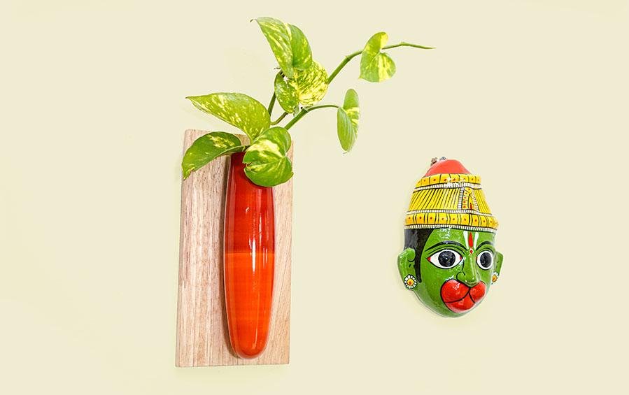 Wooden Wall Hanging Planter - Orange & Red - wall planter - indic inspirations