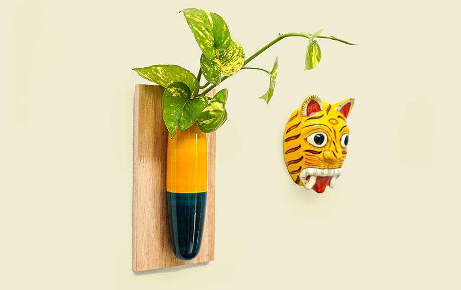 Wooden Wall Hanging Planter - Yellow & Blue - wall planter - indic inspirations