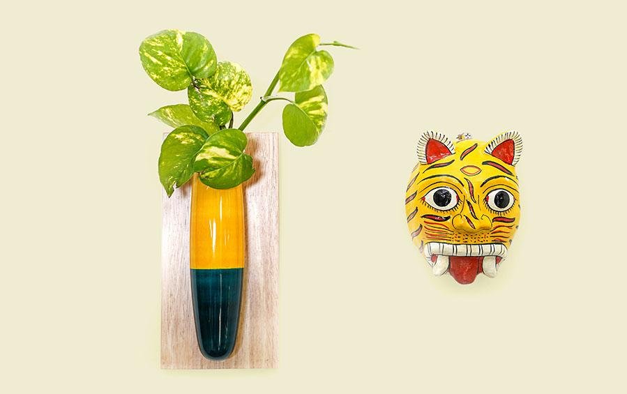 Wooden Wall Hanging Planter - Yellow & Blue - wall planter - indic inspirations