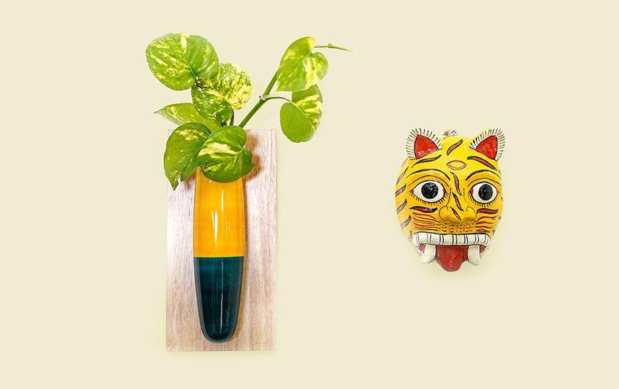 Wooden Wall Hanging Planter - Yellow & Blue - wall planter - indic inspirations