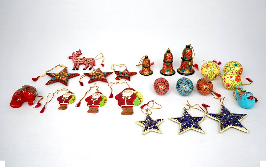 Yuletide Paper Mache Handcrafted Decorations Combo Pack (L) - Christmas Gift Sets - indic inspirations