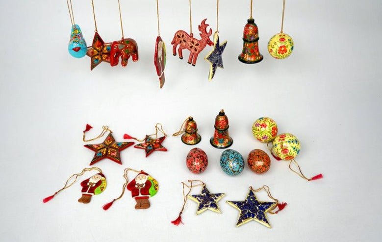 Yuletide Paper Mache Handcrafted Decorations Combo Pack (L) - Christmas Gift Sets - indic inspirations