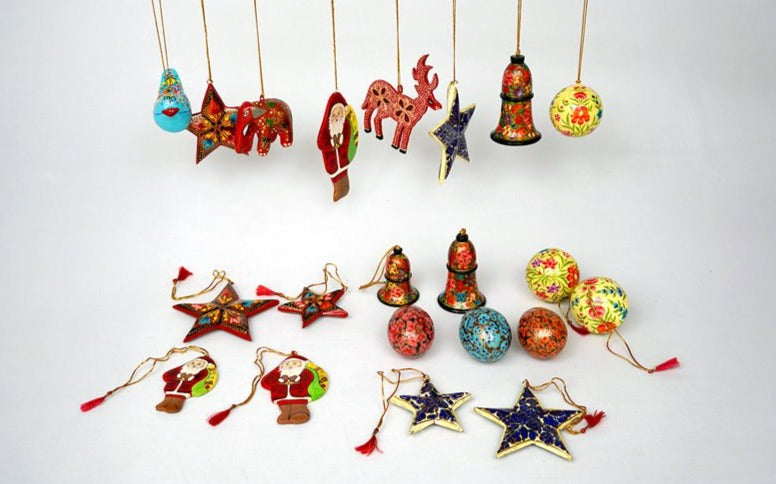 Yuletide Paper Mache Handcrafted Decorations Combo Pack (L) - Christmas Gift Sets - indic inspirations