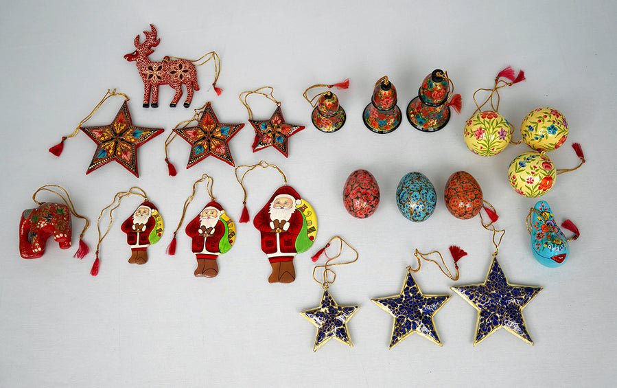 Yuletide Paper Mache Handcrafted Decorations Combo Pack (L) - Christmas Gift Sets - indic inspirations